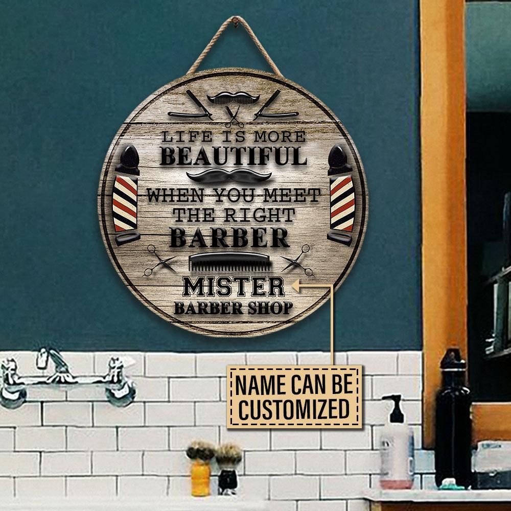 Personalized Barber Life Is Beautiful Customized Wood Circle Sign