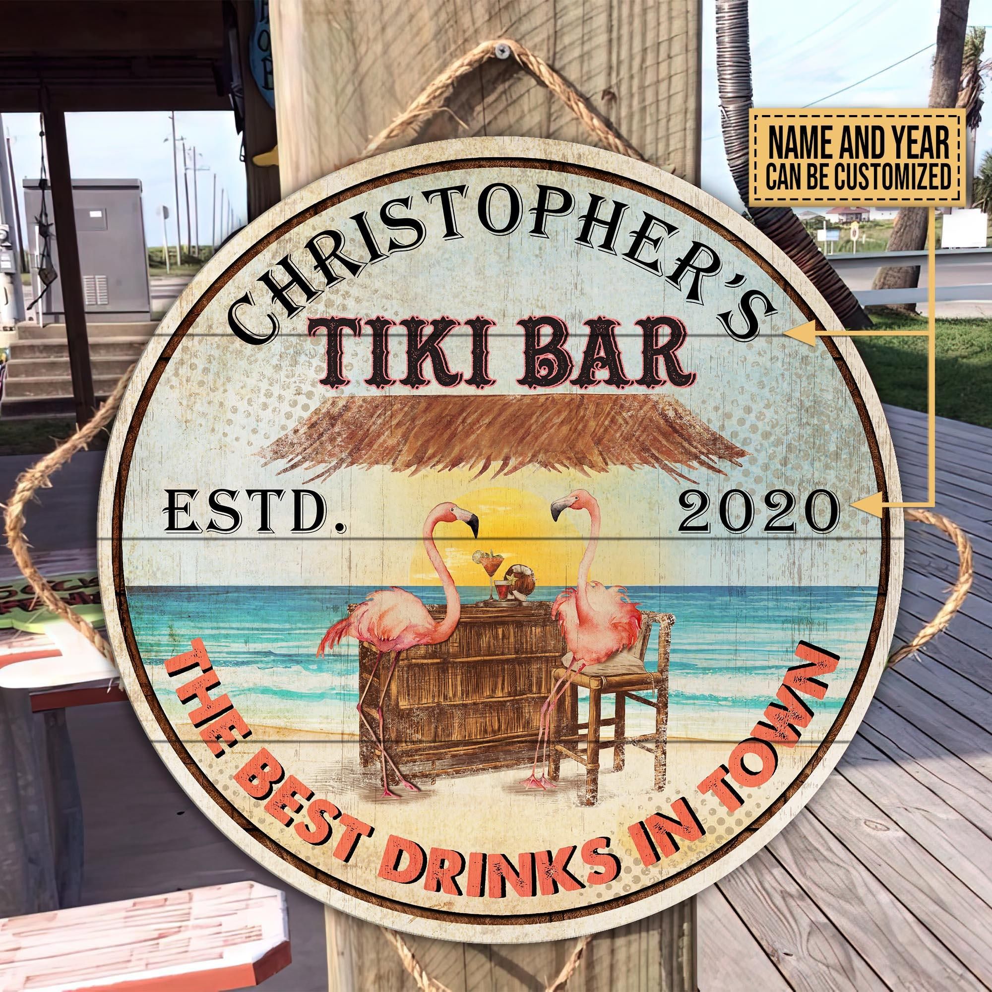 Personalized Flamingo Tiki Bar Customized Wood Circle Sign