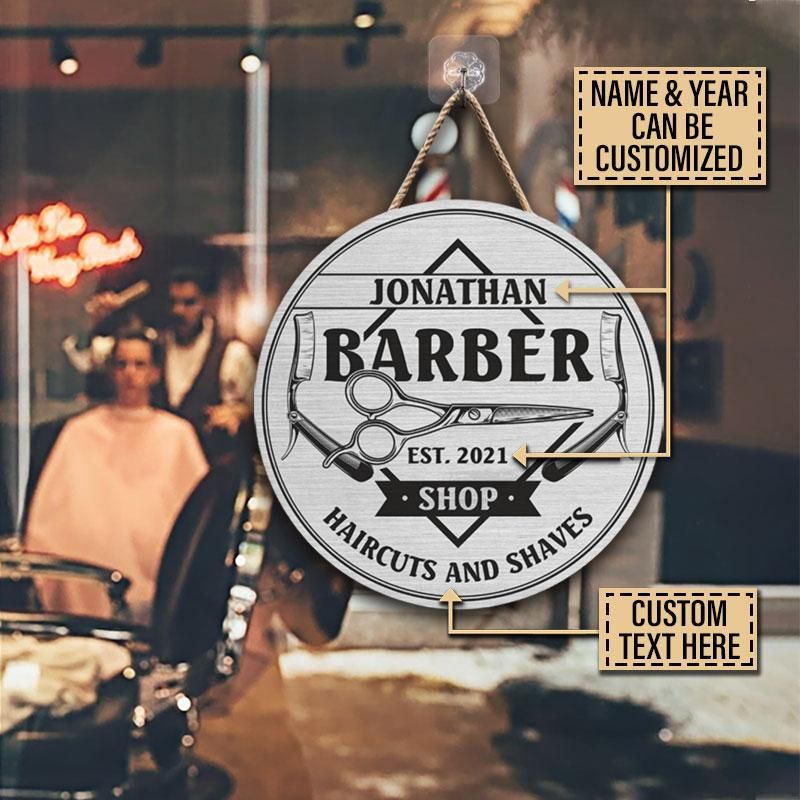 Personalized Barber Shop Scissors Customized Wood Circle Sign