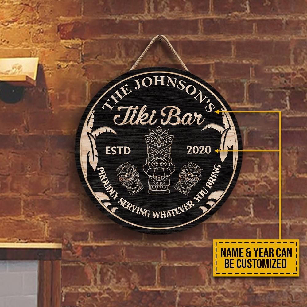Personalized Tiki Bar Proud Serving Customized Wood Circle Sign