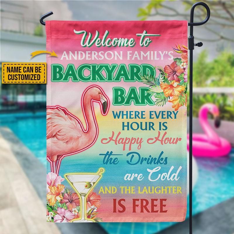 Personalized Flamingo Backyard Bar Happy Hour Custom Flag