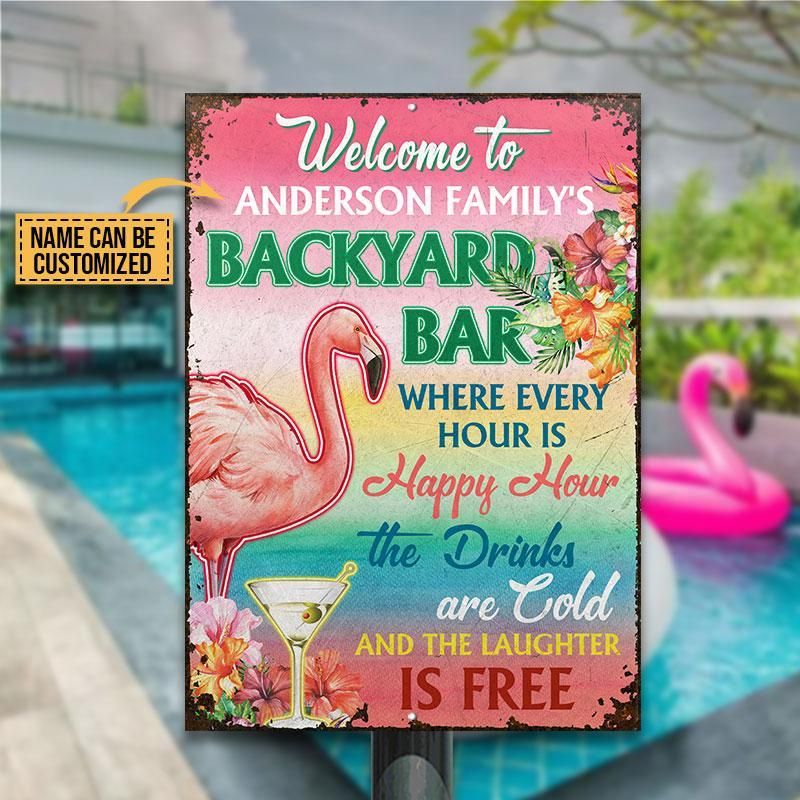 Personalized Flamingo Backyard Bar Happy Hour Custom Classic Metal Signs