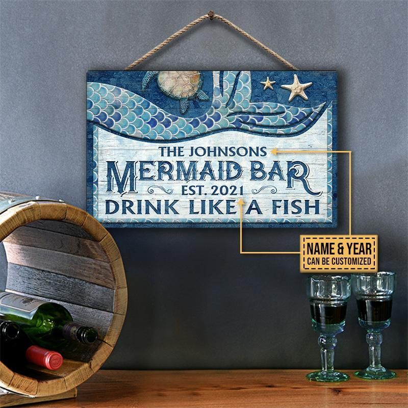 Personalized Mermaid Bar Like A Fish Customized Wood Rectangle Sign