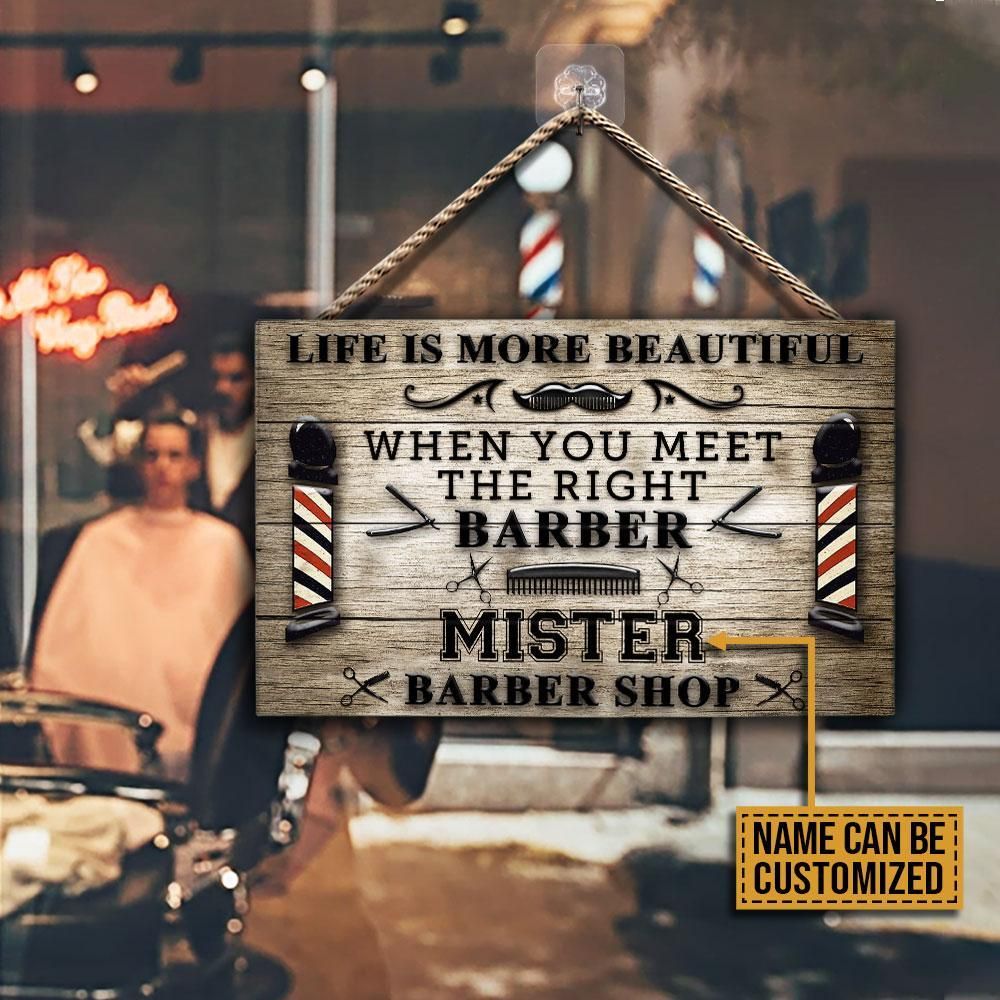 Personalized Barber Life Is More Beautiful Customized Wood Rectangle Sign