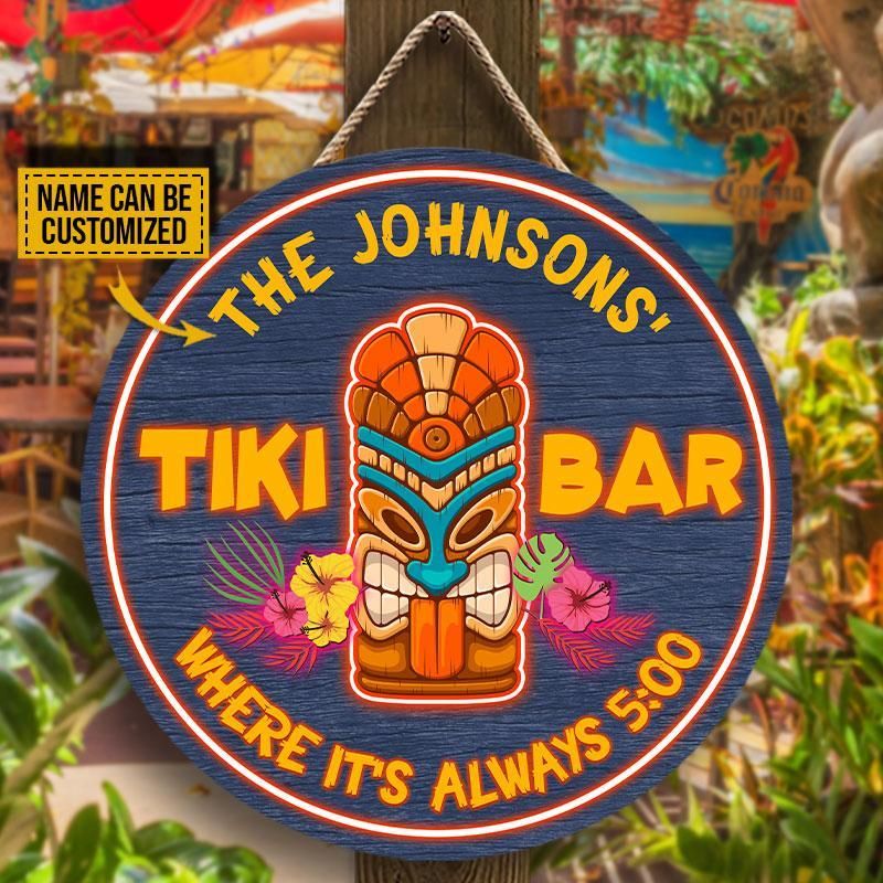 Personalized Tiki Bar Always 5 O'Clock Neon Custom Wood Circle Sign