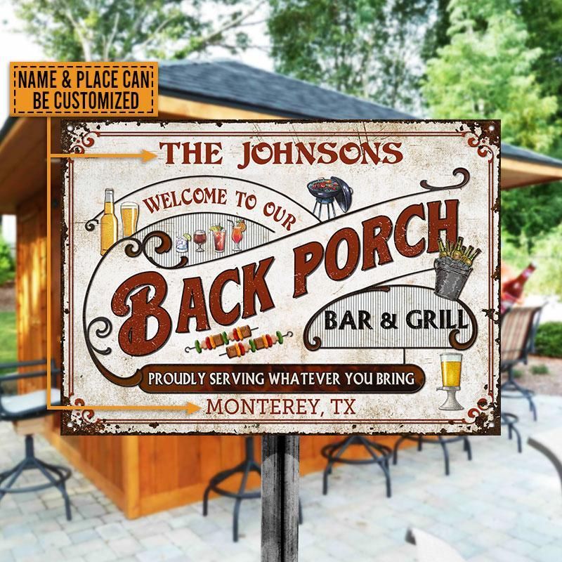 Personalized Back Porch Bar And Grill Custom Classic Metal Signs