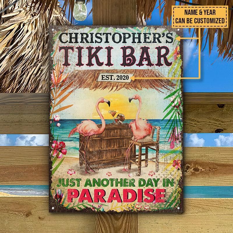 Personalized Flamingo Tiki Bar Just Another Day Customized Classic Metal Signs
