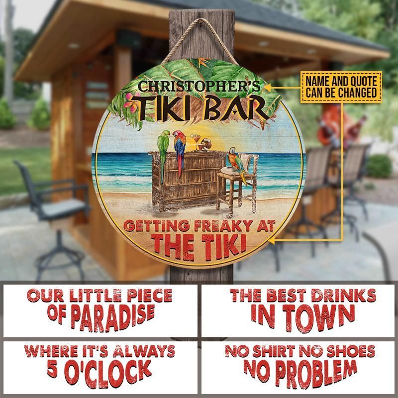 Personalized Tiki Bar Parrot Drinking Custom Wood Circle Sign