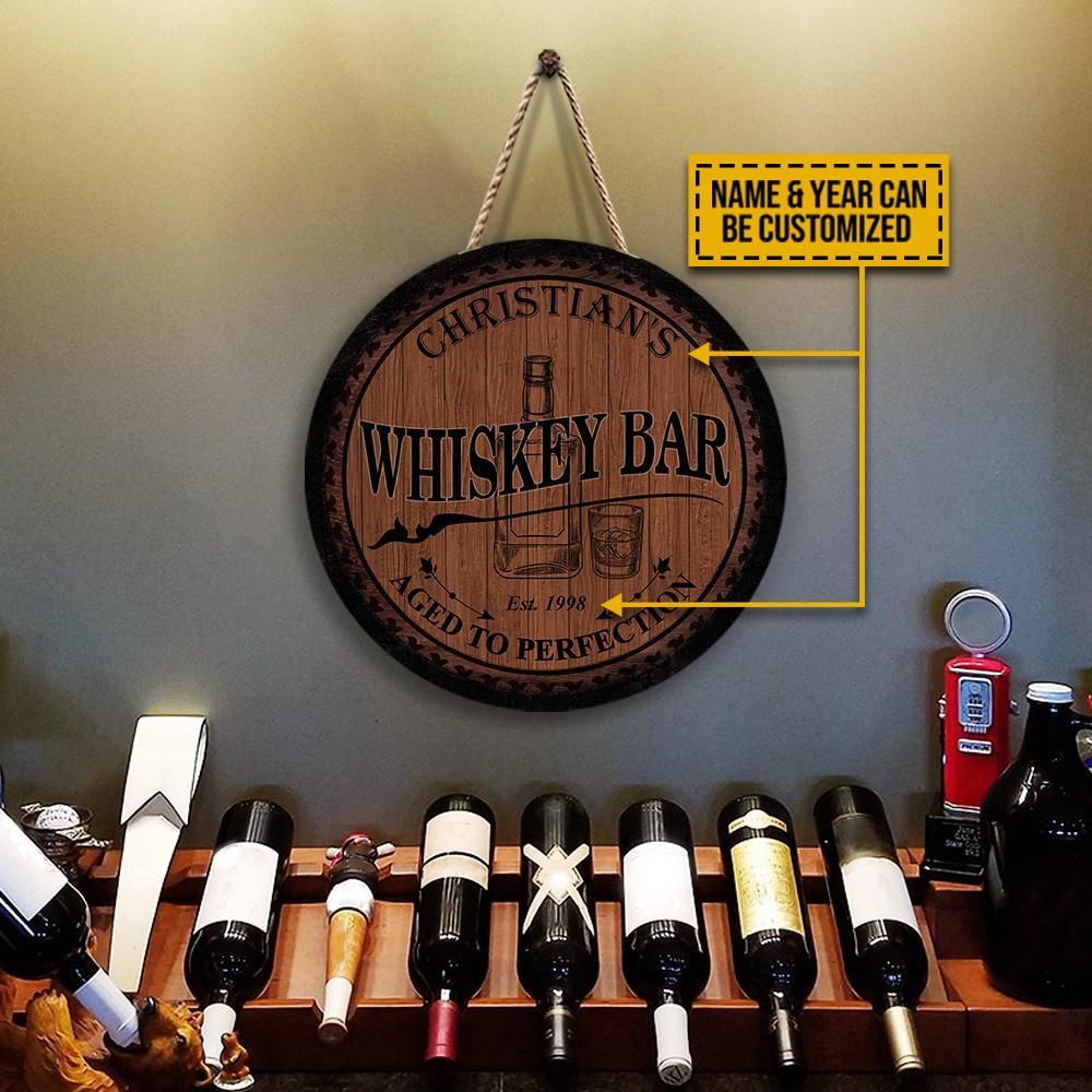Personalized Whiskey Bar Aged To Perfection Customized Wood Circle Sign