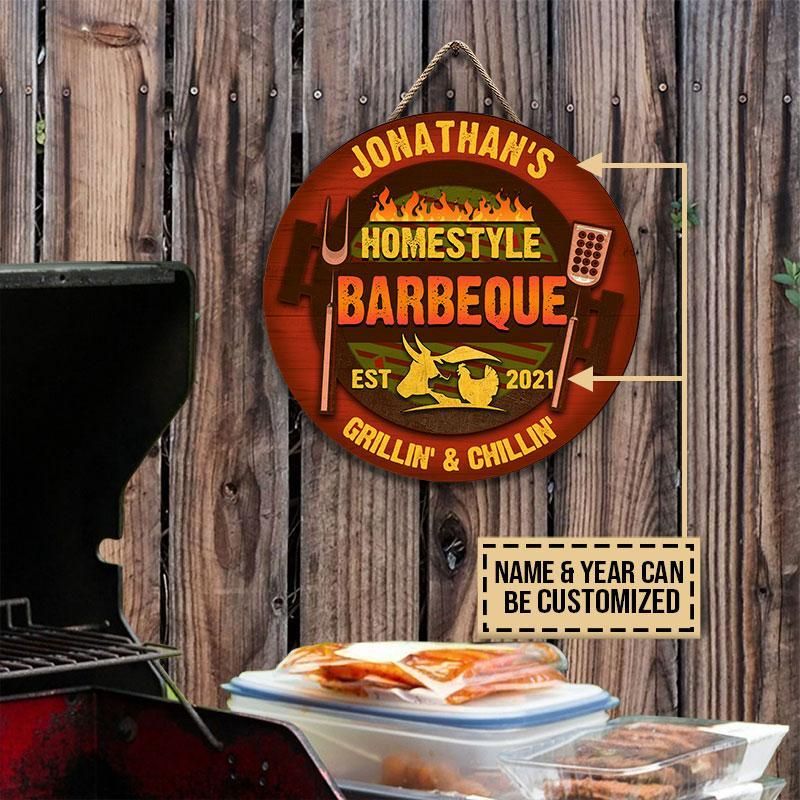 Personalized Grilling Homestyle Barbeque Customized Wood Circle Sign