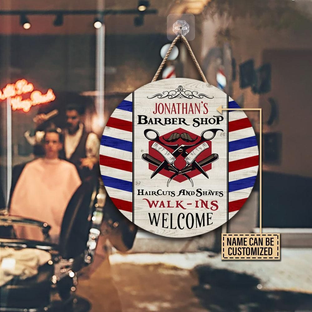 Personalized Barber Walk-Ins Welcome Customized Wood Circle Sign