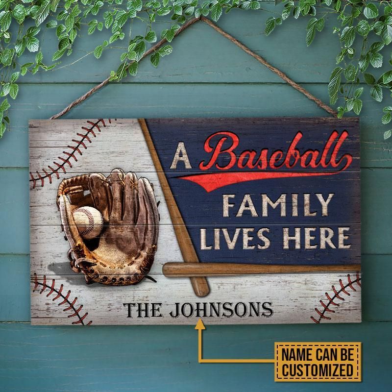 Personalized Baseball Family Lives Here Customized Wood Rectangle Sign