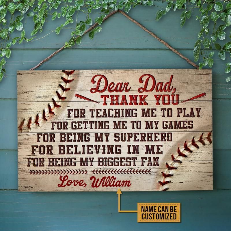 Personalized Baseball Thank You Dad Customized Wood Rectangle Sign
