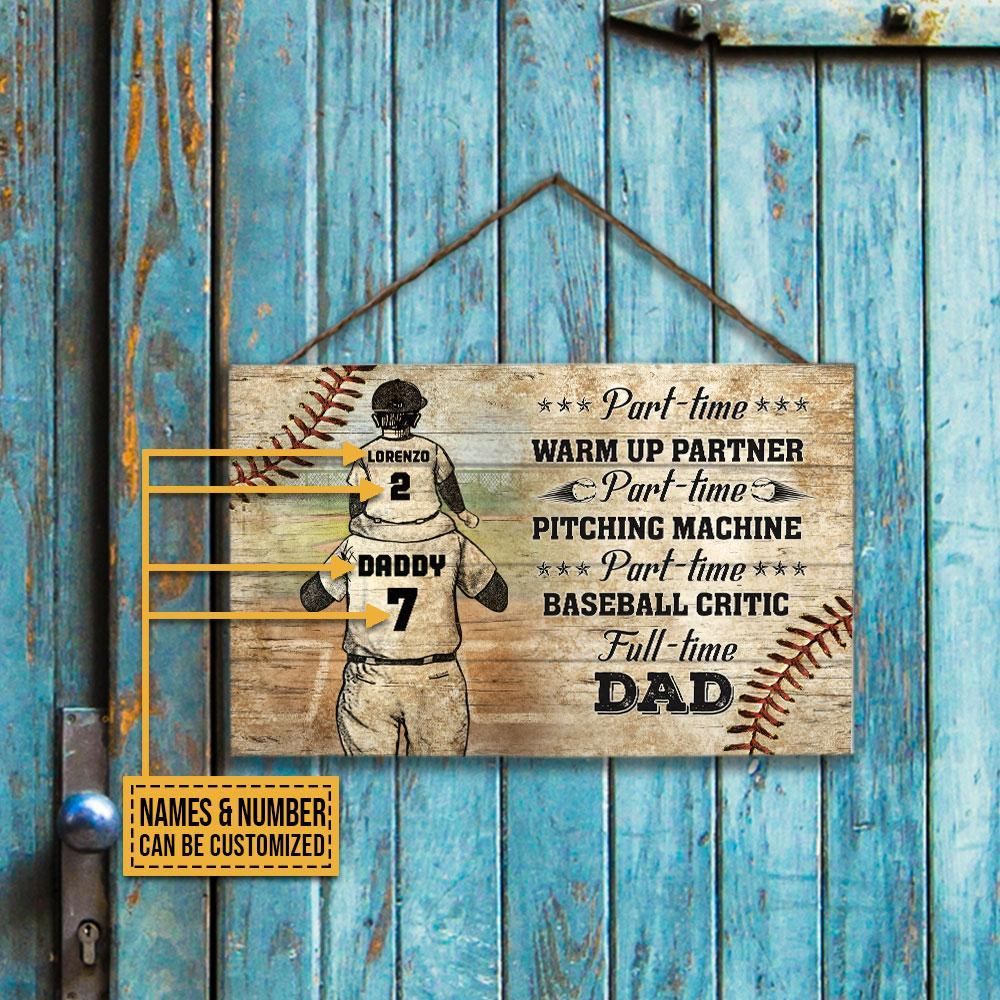 Personalized Baseball Dad And Son Full Time Dad Customized Wood Rectangle Sign