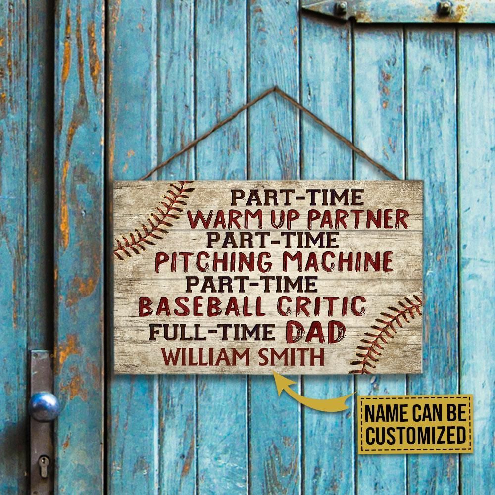 Personalized Baseball Full Time Dad Customized Wood Rectangle Sign