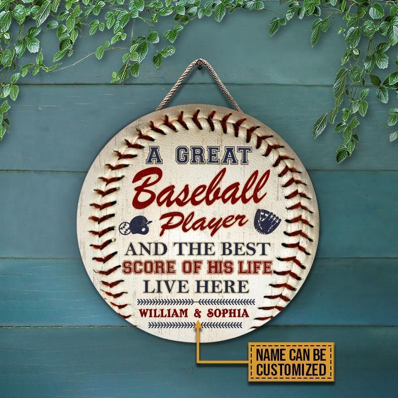 Personalized Baseball Couple Live Here Customized Wood Circle Sign