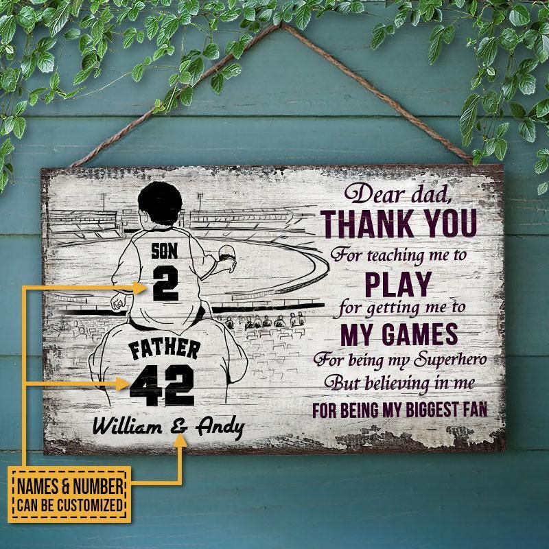 Personalized Baseball Dad And Son Thank You Sketch Customized Wood Rectangle Sign