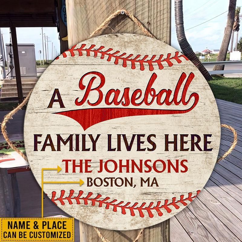 Personalized Baseball Family Lives Here Customized Wood Circle Sign