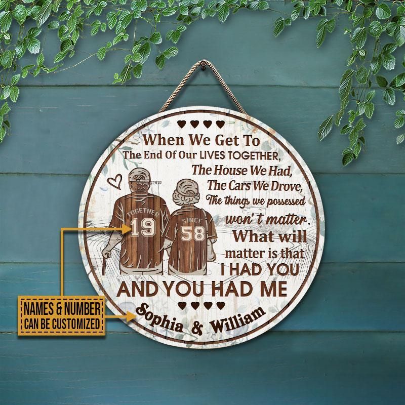 Personalized Baseball Old Couple Floral End Of Our Lives Custom Wood Circle Sign