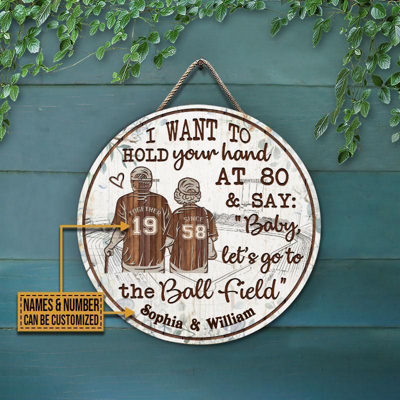 Personalized Baseball Old Couple Floral Hold Your Hand Custom Wood Circle Sign