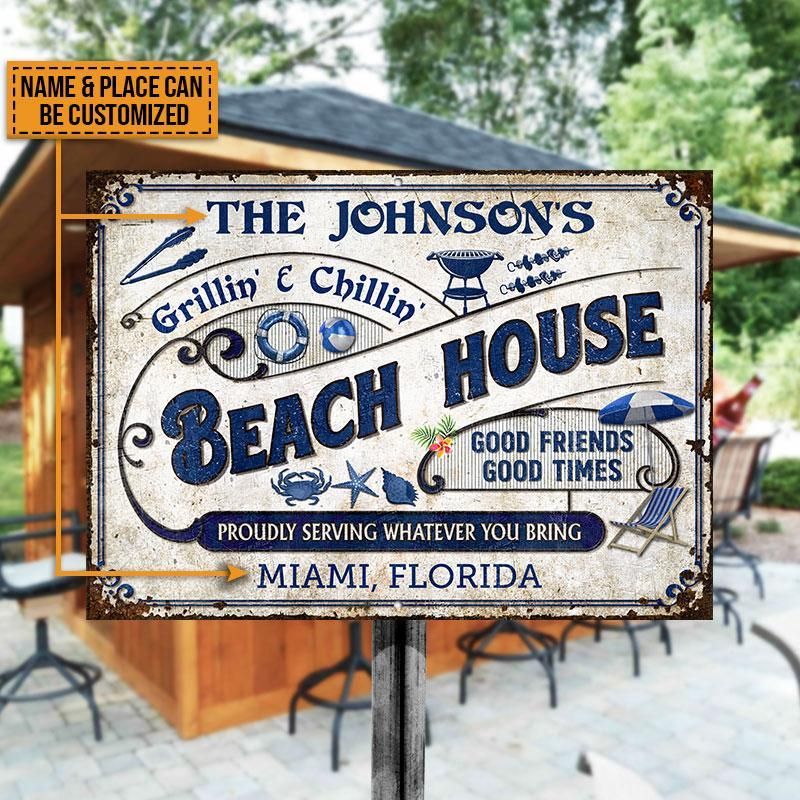 Personalized Beach Grilling Good Friends Good Times Customized Classic Metal Sign