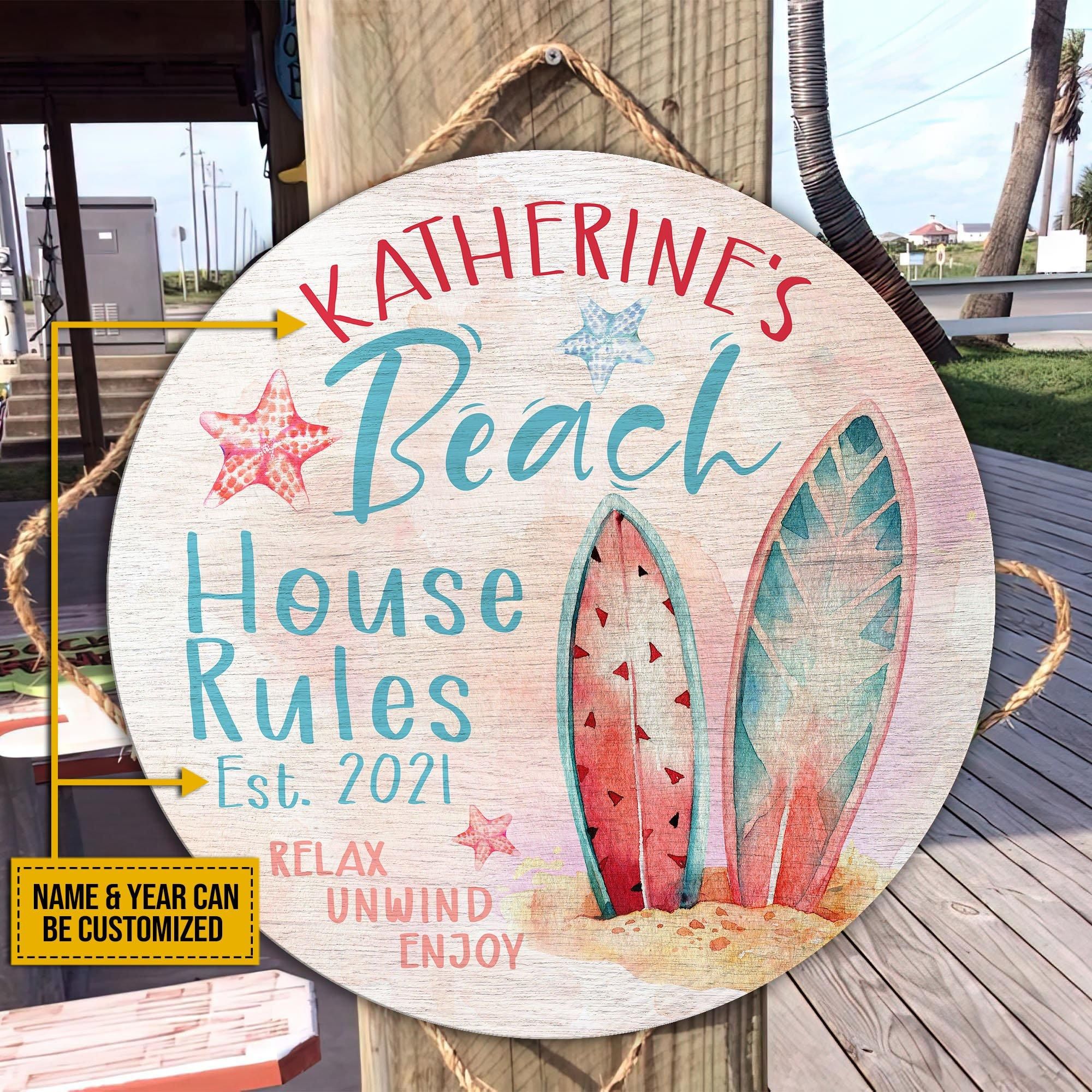 Personalized Surfing Beach House Rules Customized Wood Circle Sign