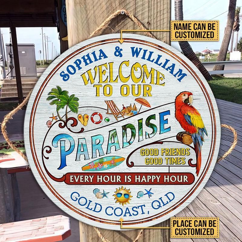 Personalized Beach Surfing Our Paradise Customized Wood Circle Sign