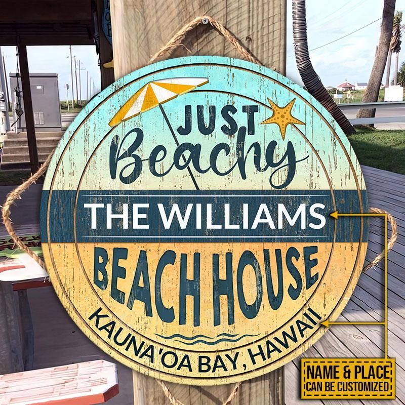 Personalized Beach House Just Beachy Customized Wood Circle Sign