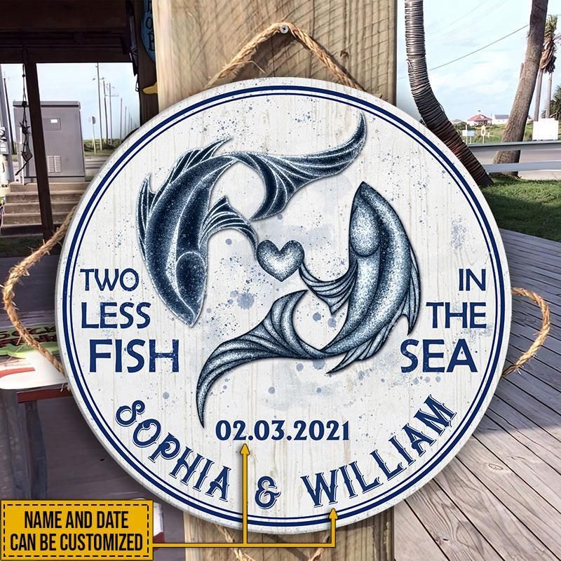 Personalized Beach Two Less Fish Customized Wood Circle Sign