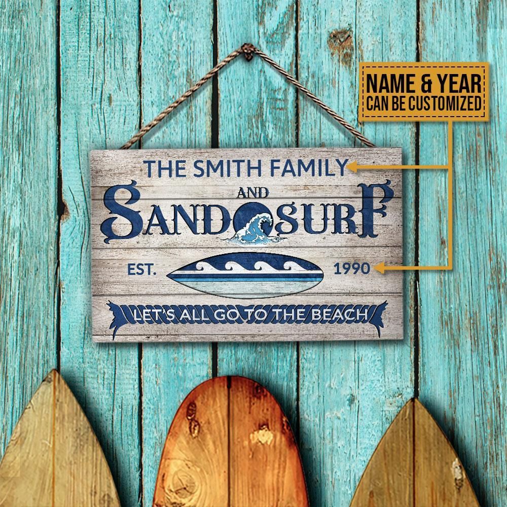 Personalized Surfing Let's All Go To The Beach Customized Wood Rectangle Sign
