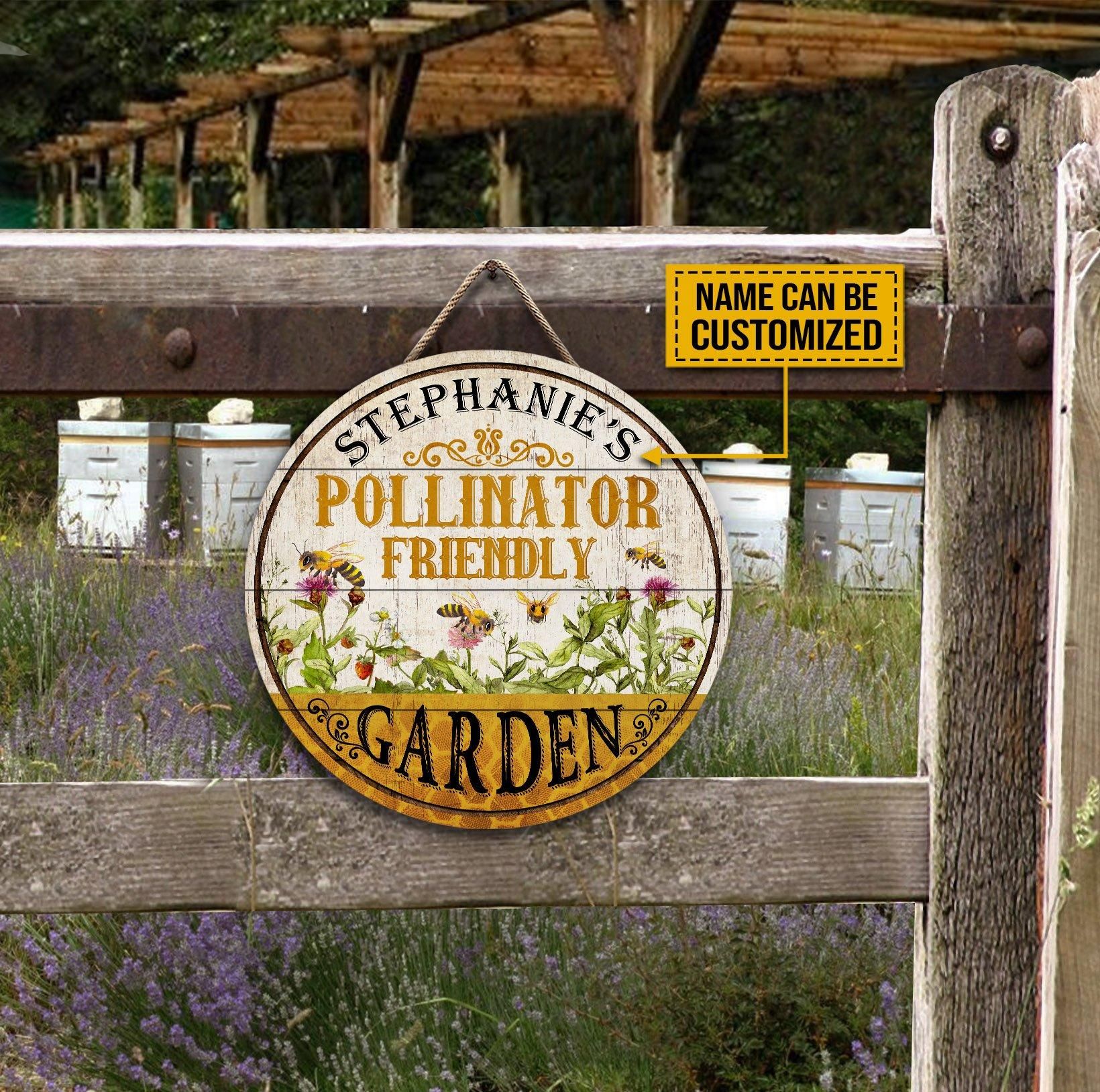Personalized Bee Garden Pollinator Customized Wood Circle Sign