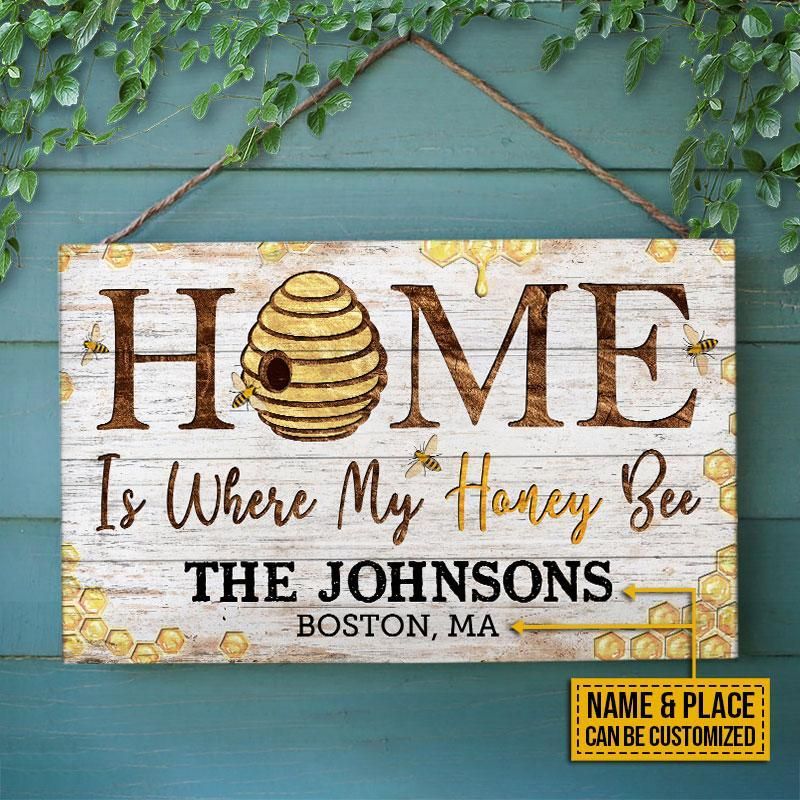 Personalized Honey Bee Home Is Where Customized Wood Rectangle Sign