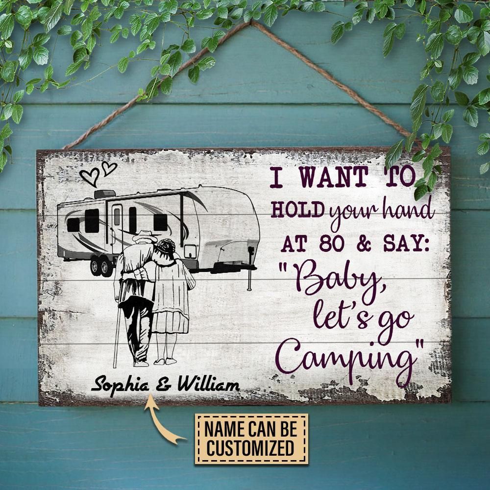 Personalized Camping Sketch Travel Trailer Hold Your Hand Customized Wood Rectangle Sign
