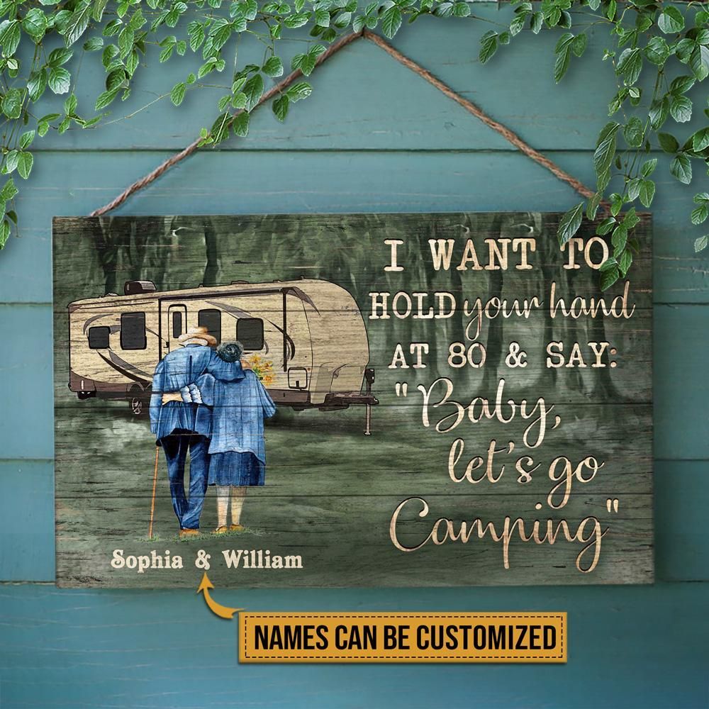 Personalized Camping Travel Trailer Green Baby Let's Go Customized Wood Rectangle Sign