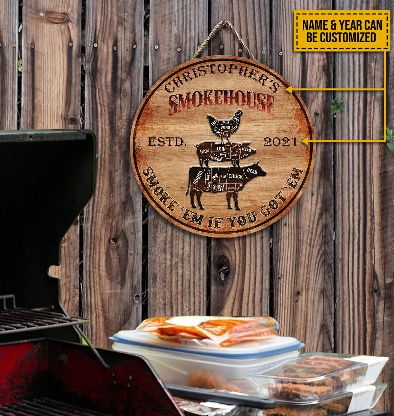 Personalized BBQ Grilling Smoke House Customized Wood Circle Sign