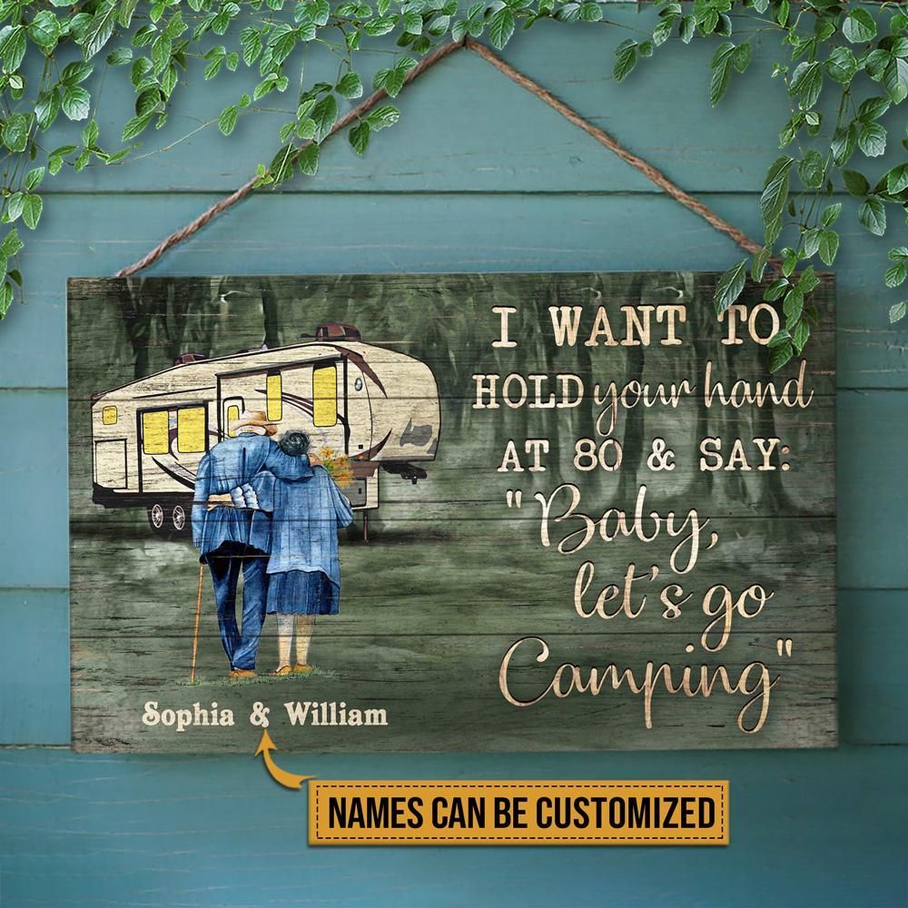 Personalized Camping 5th Wheel Green Baby Let's Go Customized Wood Rectangle Sign