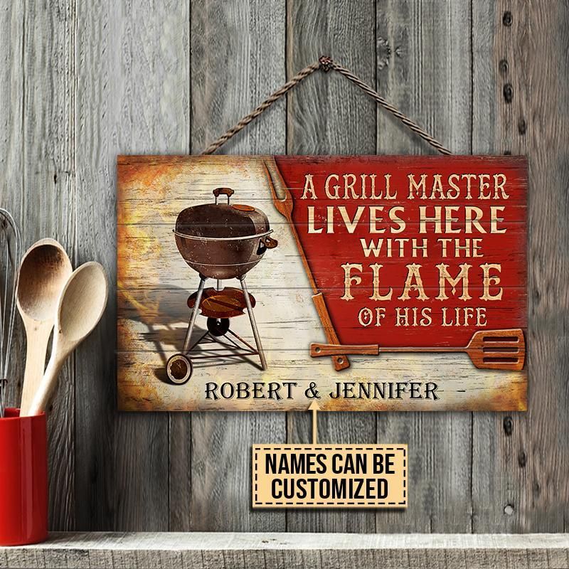 Personalized Grilling Grill Master Lives Here Customized Wood Rectangle Sign