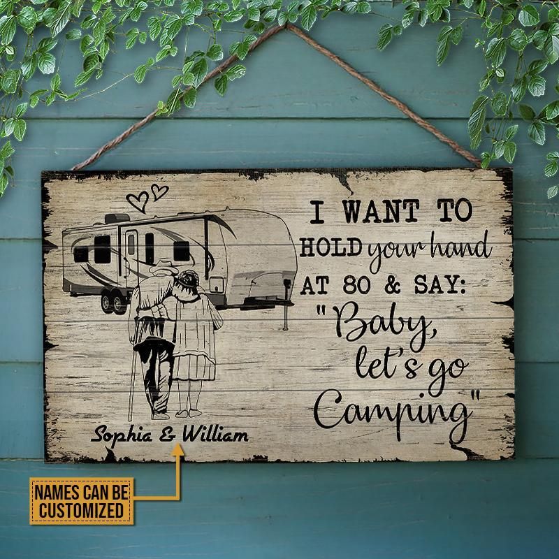 Personalized Camping Brown Travel Trailer Hold Your Hand Customized Wood Rectangle Sign