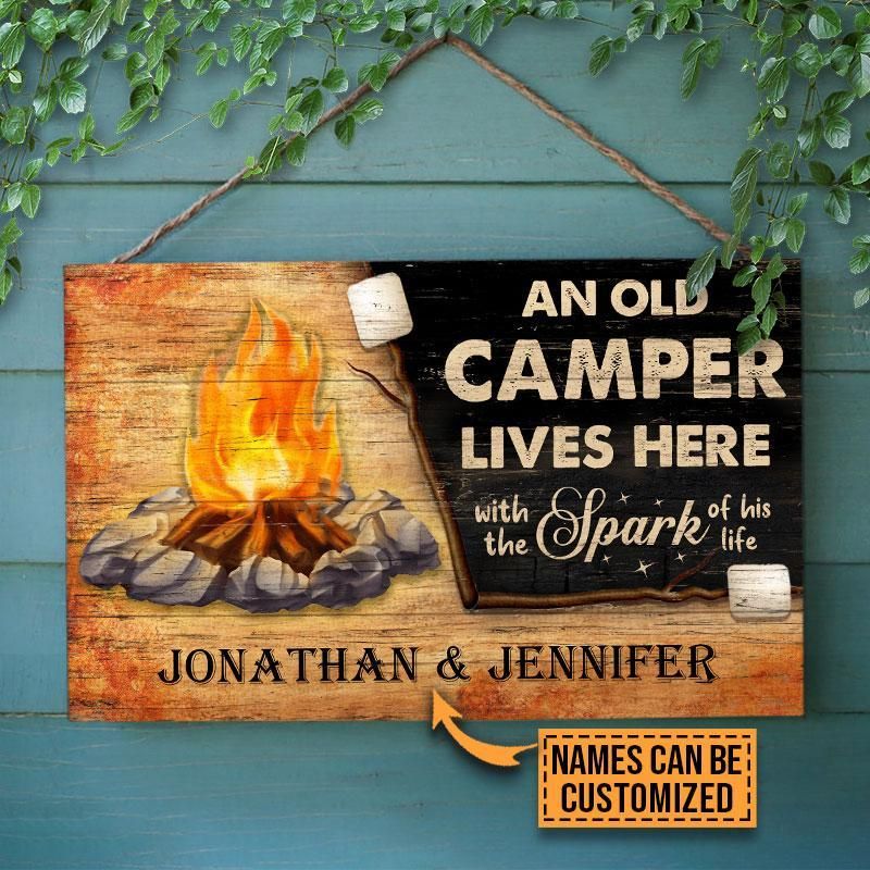 Personalized Camping Camper & Spark Live Here Customized Wood Rectangle Sign