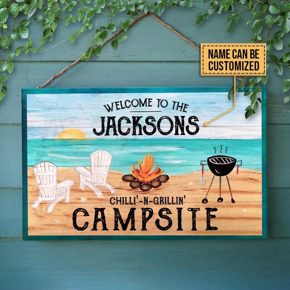 Personalized Camping Chillin-n-Grillin Campsite Customized Wood Rectangle Sign