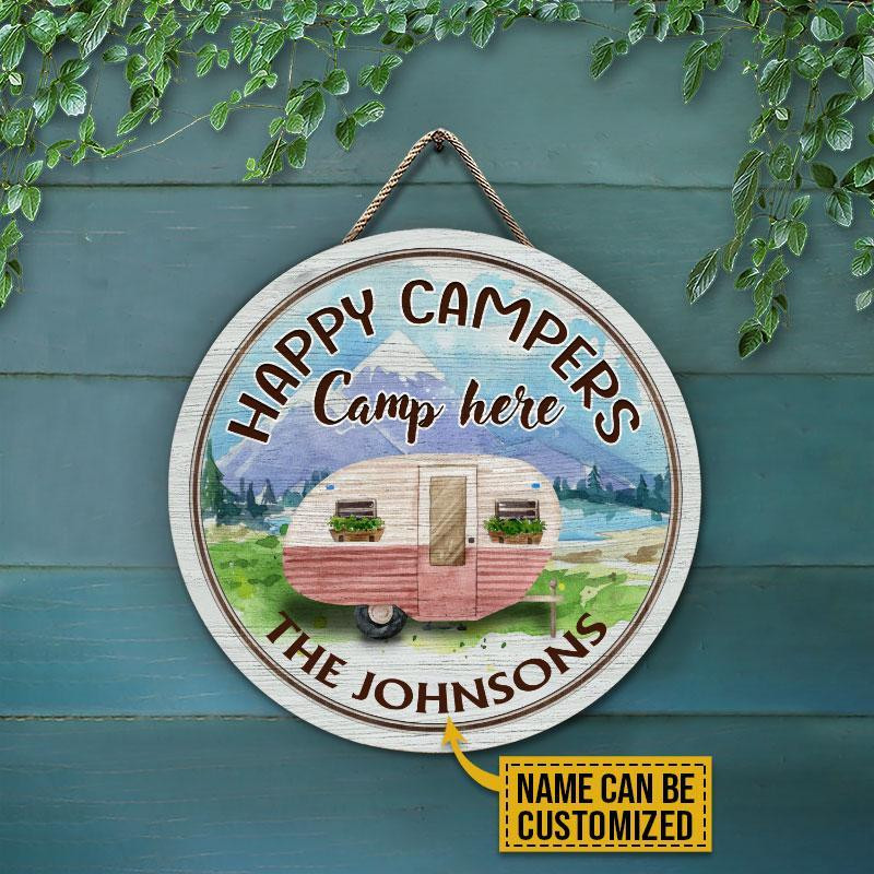 Personalized Camping Happy Campers Here Customized Wood Circle Sign