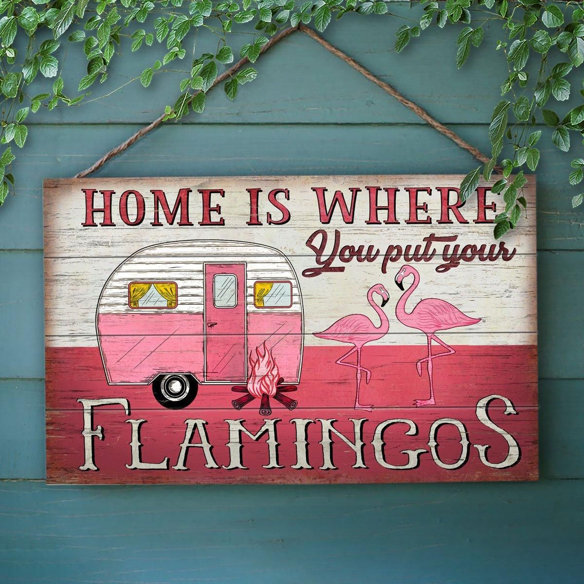 Camping Flamingo Home Is Where Customized Wood Rectangle Sign