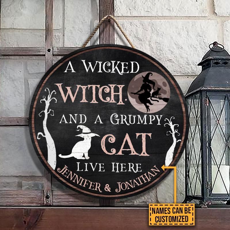 Personalized Witch A Grumpy Cat Customized Wood Circle Sign