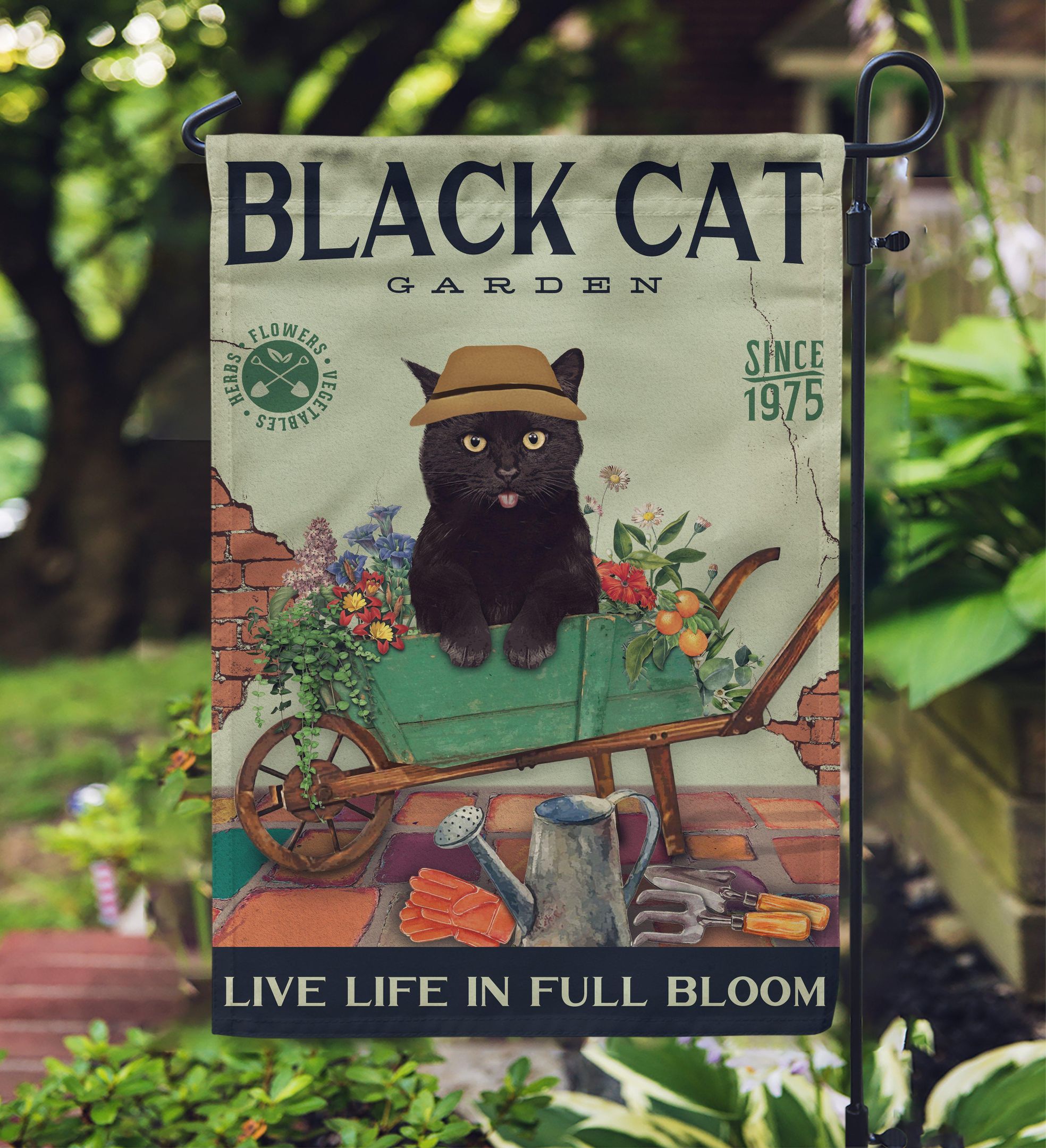 Black Cat Garden Bloom Garden Flag
