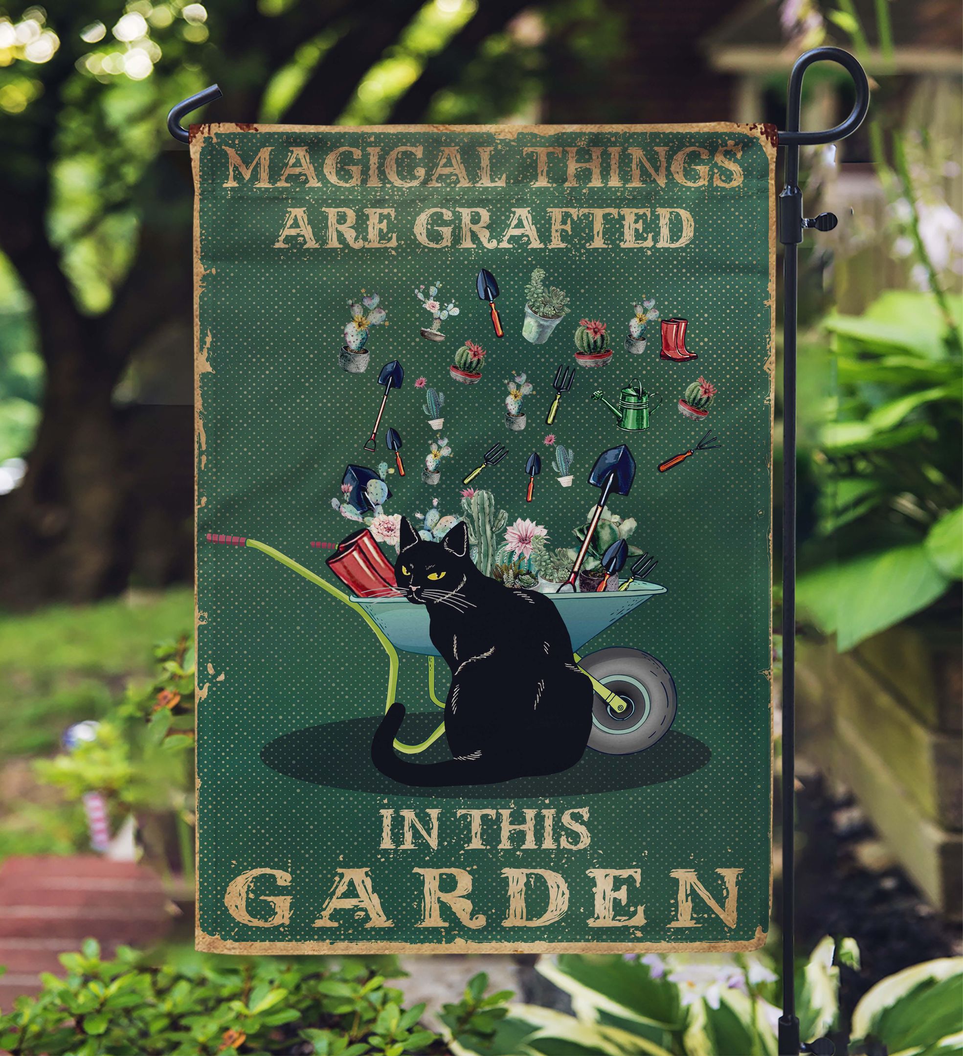Retro Green Magical Things Black Cat Garden Flag