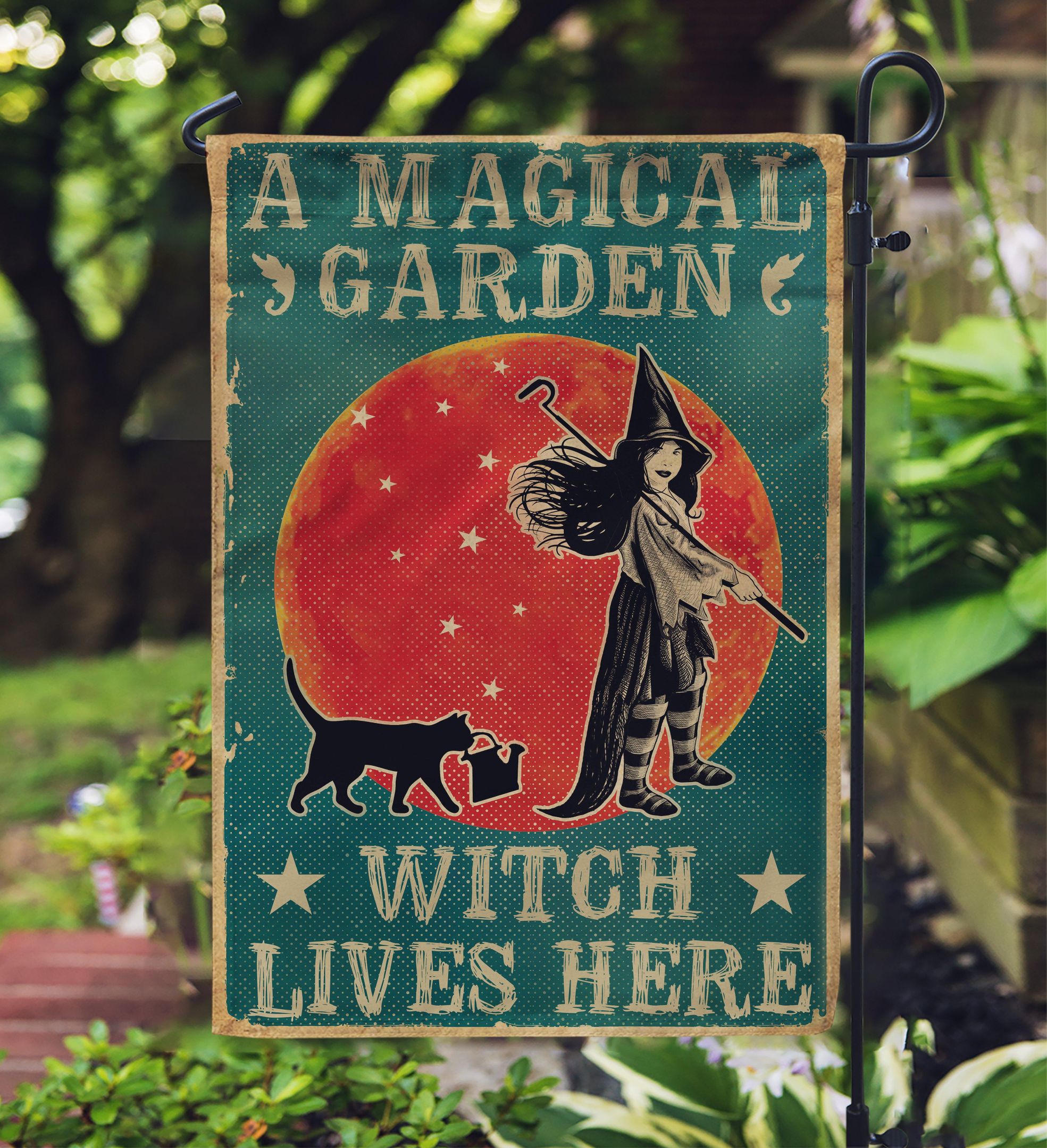 Retro A Magical Garden Witch Cat Garden Flag