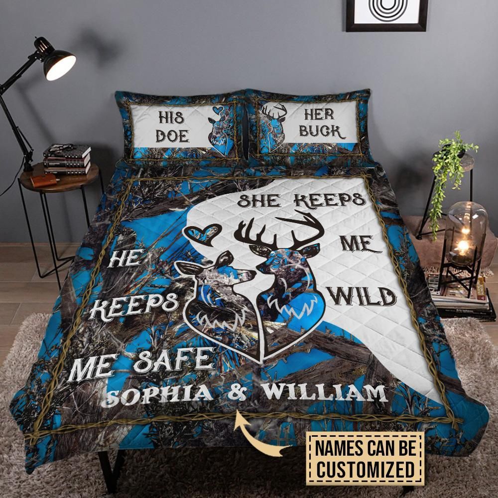 Personalized Deer Blue Camo Safe Wild Customized Quilt Set
