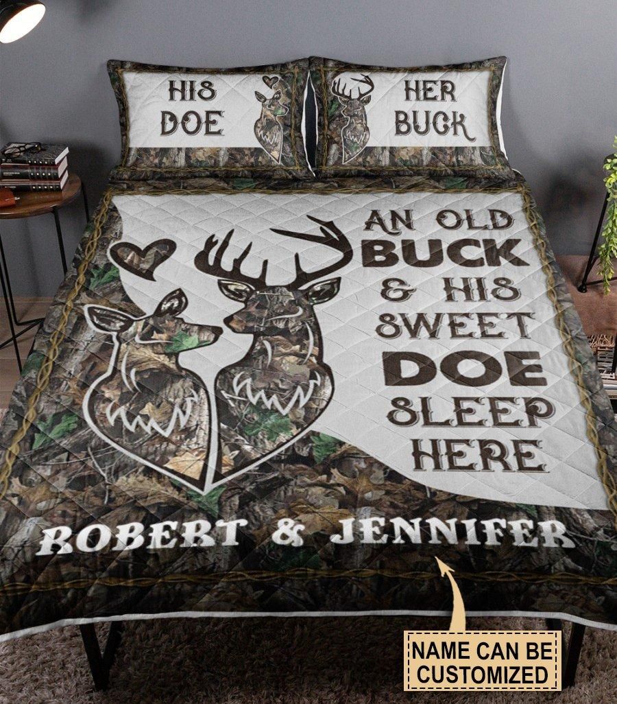Personalized Deer Camo Buck And Doe Sleep Here Quilt Set PANQBS0088