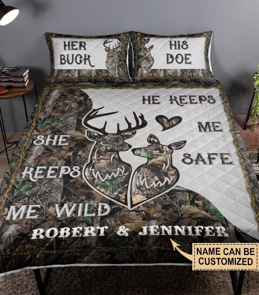 Personalized Deer Couple Camo She Keeps Quilt Set