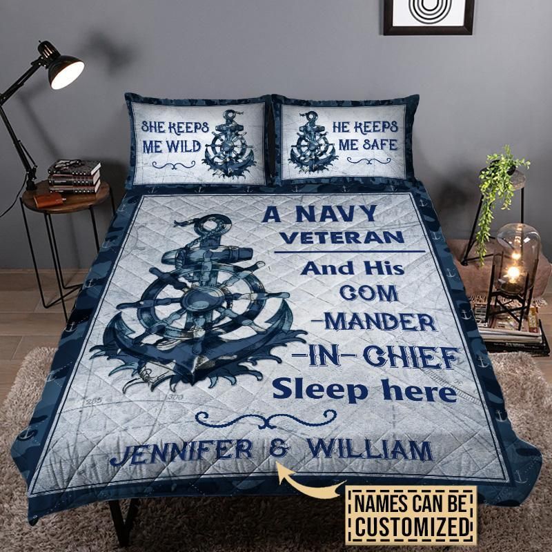 Personalized Navy Veteran Sleep Here Custom Quilt Set